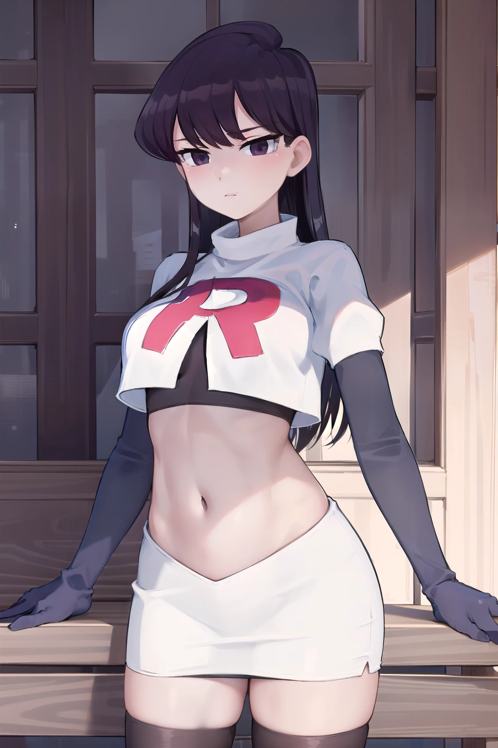 masterpiece, best quality, 1girl, solo, komi-san wa komyushou desu, looking at viewer, team rocket,team rocket uniform,white skirt,red letter R,crop top,black thigh-highs, cowboy shot