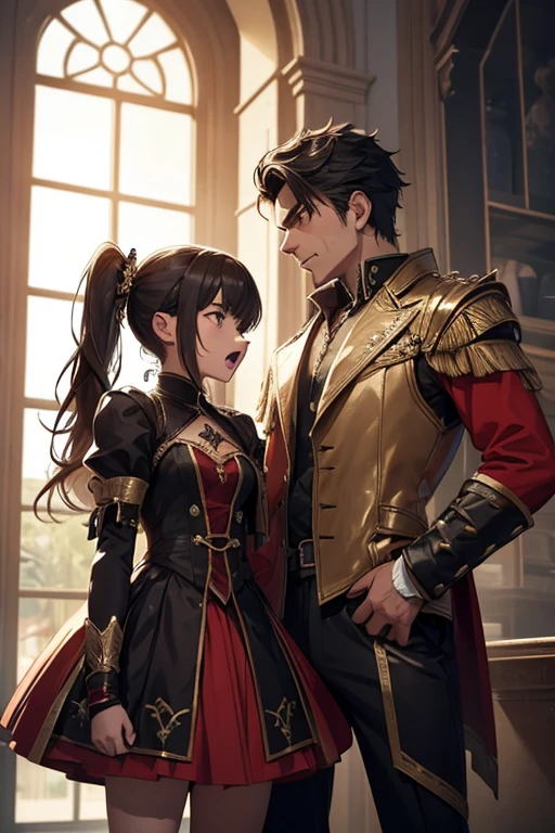 a man and a girl are screaming angrily at each other. they wear fantasy outfits.