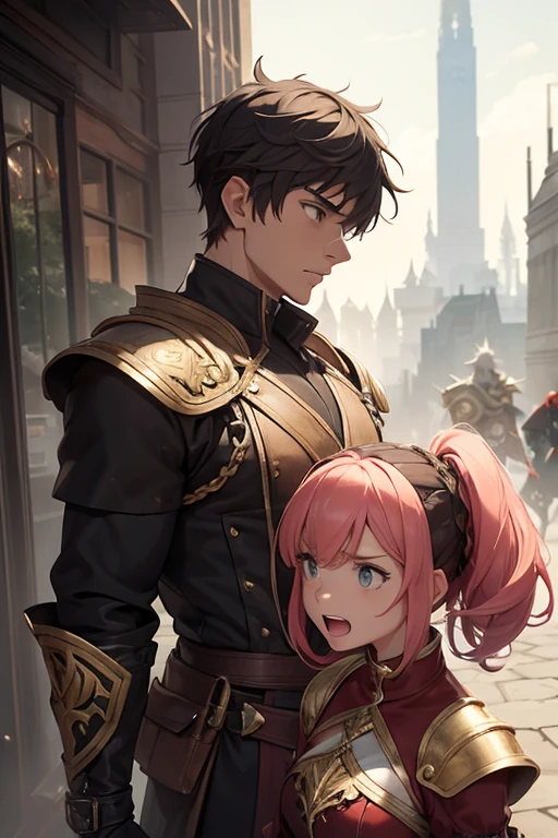 a man and a girl are screaming angrily at each other. they wear fantasy outfits.
