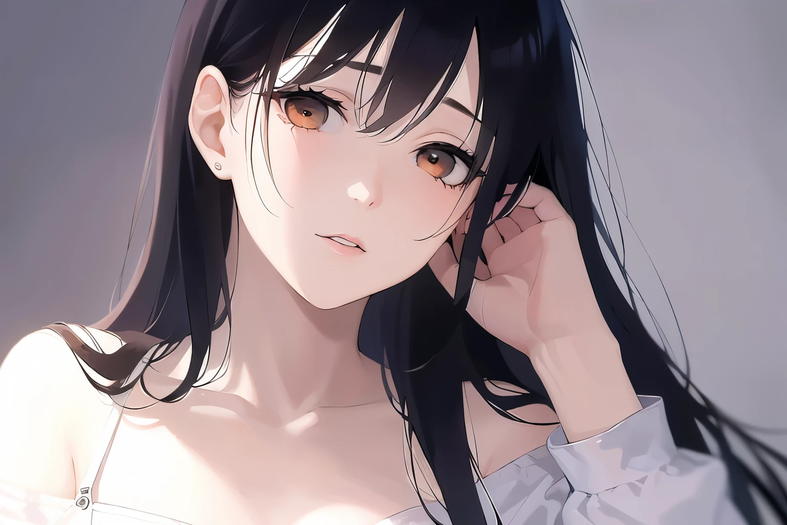 masterpiece, best quality, 1 girl, himeragi yukina, brown eyes, black hair, hair between eyes, medium hair, medium breasts, (healthy skin), ((cum on face)),  bare shoulders, ((upper body)), (((white tank top))), ((blood on face, killer,  evil))