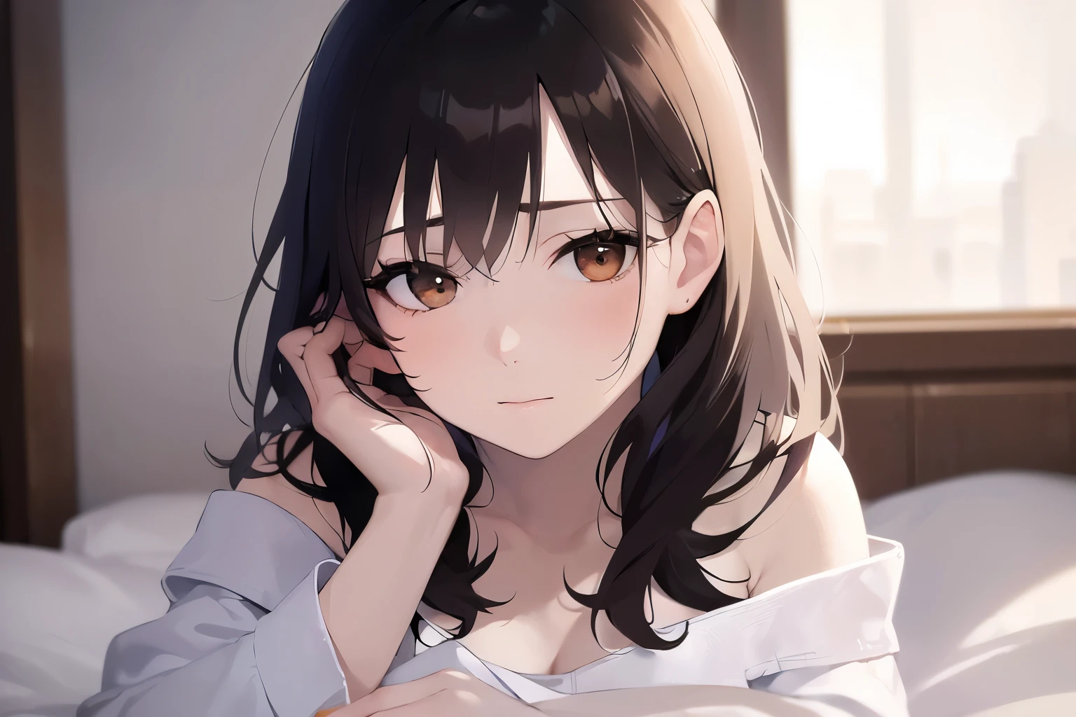 Placing hand on face、bedroom,sitting on bed、Upper Body, Realistic, real person, (pale skin: 1.2), RAW photo, photorealistic, portrait photography, shiny skin, shiny hair、(A 25-year-old woman with medium-length hair and bangs) and (wavy hair) and (brown hair) and (orange eyes) and (closed eyes), (White off-shoulder blouse) and (long sleeve), Bad mood, Alone