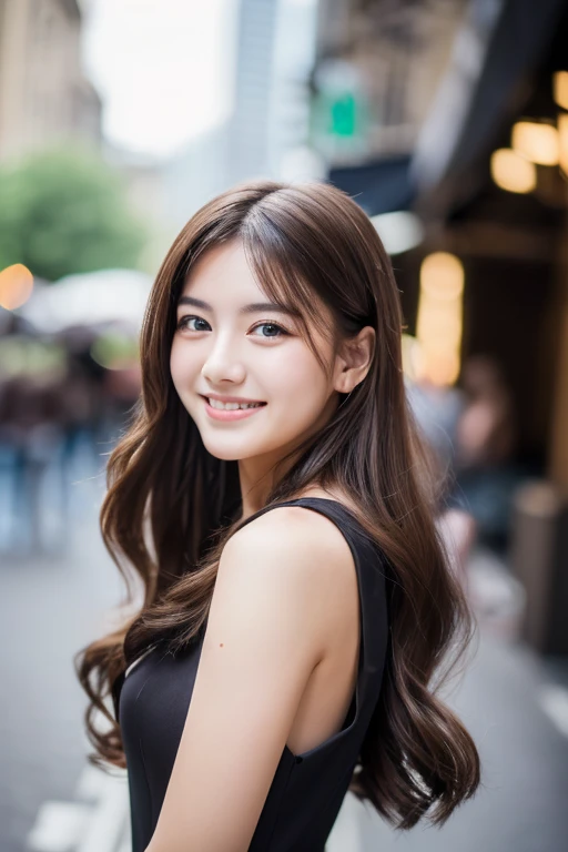 ((highest quality, 8k, masterpiece :1.3)), One girl, smile, whole body, Slim face, Beautiful woman, (Dark brown hair), Full-length dress :1.1, Highly detailed face, Fine grain, double eyelid, Blur the background, Slim face, city, outside, street,