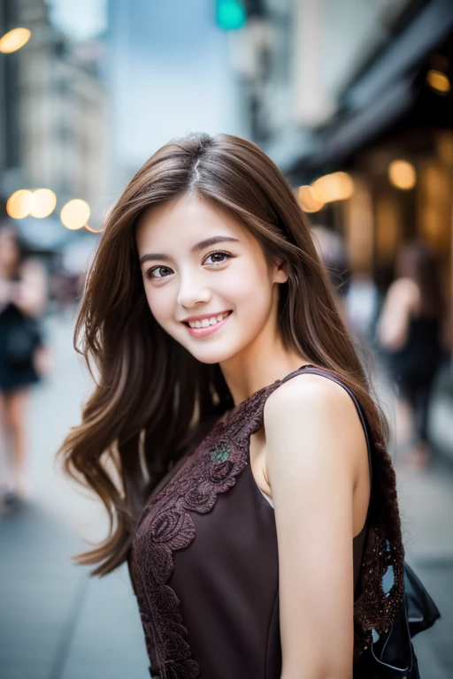 ((highest quality, 8k, masterpiece :1.3)), One girl, smile, whole body, Slim face, Beautiful woman, (Dark brown hair), Full-length dress :1.1, Highly detailed face, Fine grain, double eyelid, Blur the background, Slim face, city, outside, street,