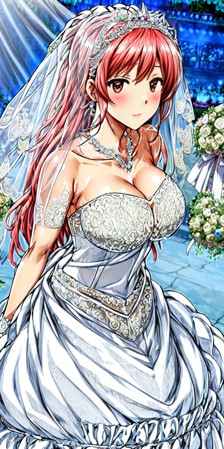 Close-up of beautiful bride wearing beautiful wedding dress, Gurwitz, (bridal veil:1.5), (Transparent short veil:1.5), Blushing face, head flower, headgear, (tube top wedding dress: 1.5), (Silk dress: 1.2) (Strapless wedding dress: 1.5) pure white dress, necklace, earrings, (large breasts:1.3), Deep V peach heart collar wedding dress, bangs, lipstick, (lace gloves: 1.3), whole body, high detail RAW color art, Long white dress, whole body, place your hands behind your back