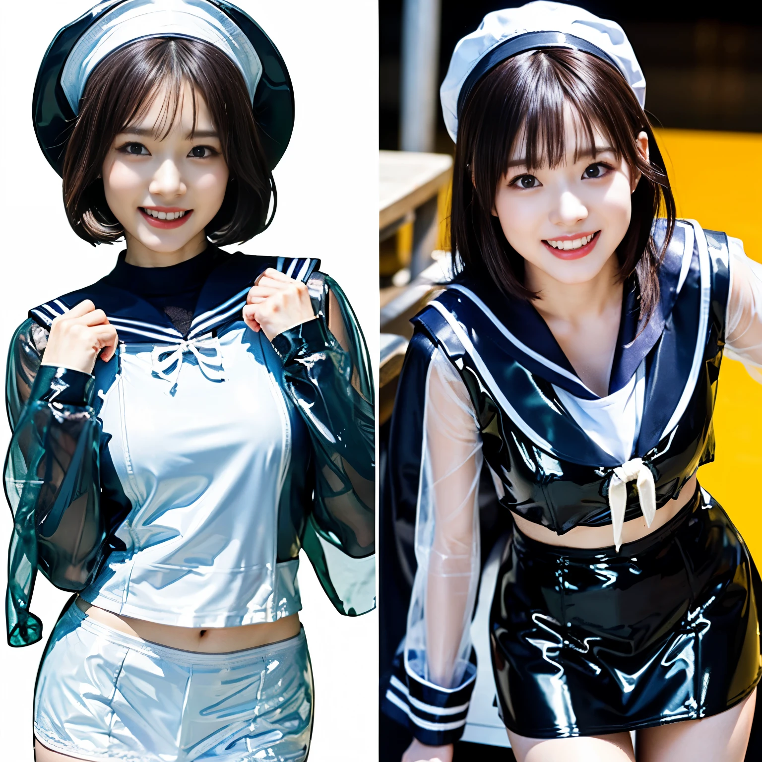 A young and beautiful woman、very beautiful、Top Idol、smile、Sweat、belly button、Dance hard、Hair is moving、((Tight, transparent latex sailor suit and miniskirt:1.45))、(ribbon、Sailor Hat)、(Wearing underwear)、(The concert stage)、Spotlight、View your viewers、