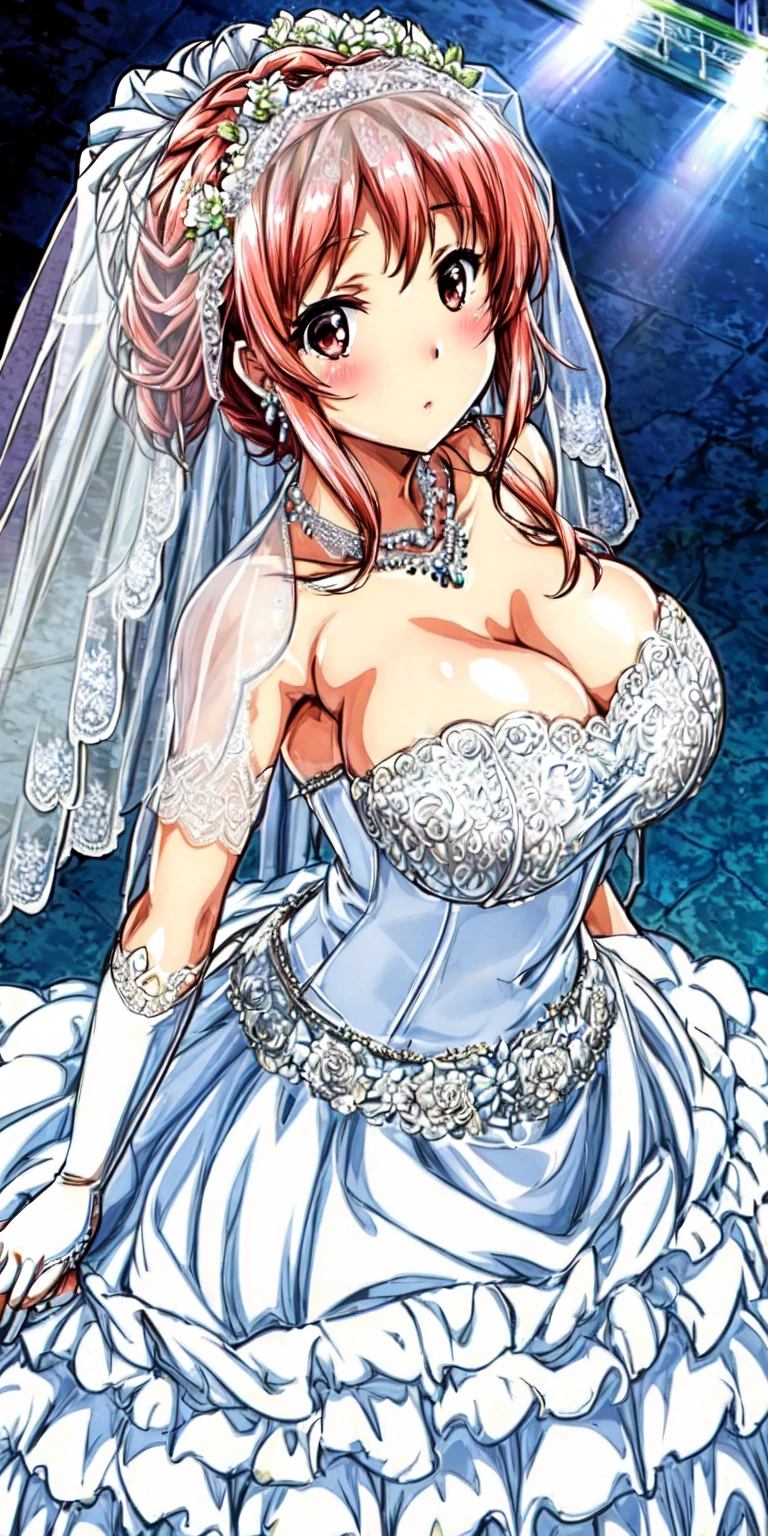 Close-up of beautiful bride wearing beautiful wedding dress, Gurwitz, (bridal veil:1.5), (Transparent short veil:1.5), Blushing face, head flower, headgear, (tube top wedding dress: 1.5), (Silk dress: 1.2) (Strapless wedding dress: 1.5) pure white dress, necklace, earrings, (large breasts:1.3), Deep V peach heart collar wedding dress, bangs, lipstick, (lace gloves: 1.3), whole body, high detail RAW color art, Long white dress, whole body, place your hands behind your back