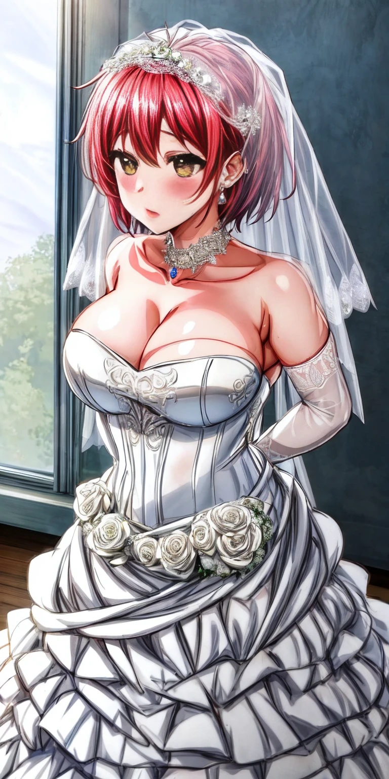 Close-up of beautiful bride wearing beautiful wedding dress, Gurwitz, (bridal veil:1.5), (Transparent short veil:1.5), Blushing face, head flower, headgear, (tube top wedding dress: 1.5), (Silk dress: 1.2) (Strapless wedding dress: 1.5) pure white dress, necklace, earrings, (large breasts:1.3), Deep V peach heart collar wedding dress, bangs, lipstick, (lace gloves: 1.3), whole body, high detail RAW color art, Long white dress, whole body, place your hands behind your back