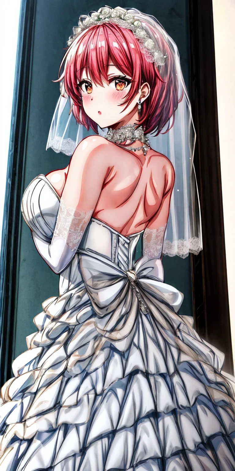 Close-up of beautiful bride wearing beautiful wedding dress, Gurwitz, (bridal veil:1.5), (Transparent short veil:1.5), Blushing face, head flower, headgear, (tube top wedding dress: 1.5), (Silk dress: 1.2) (Strapless wedding dress: 1.5) pure white dress, necklace, earrings, (large breasts:1.3), Deep V peach heart collar wedding dress, bangs, lipstick, (lace gloves: 1.3), whole body, high detail RAW color art, Long white dress, whole body, place your hands behind your back