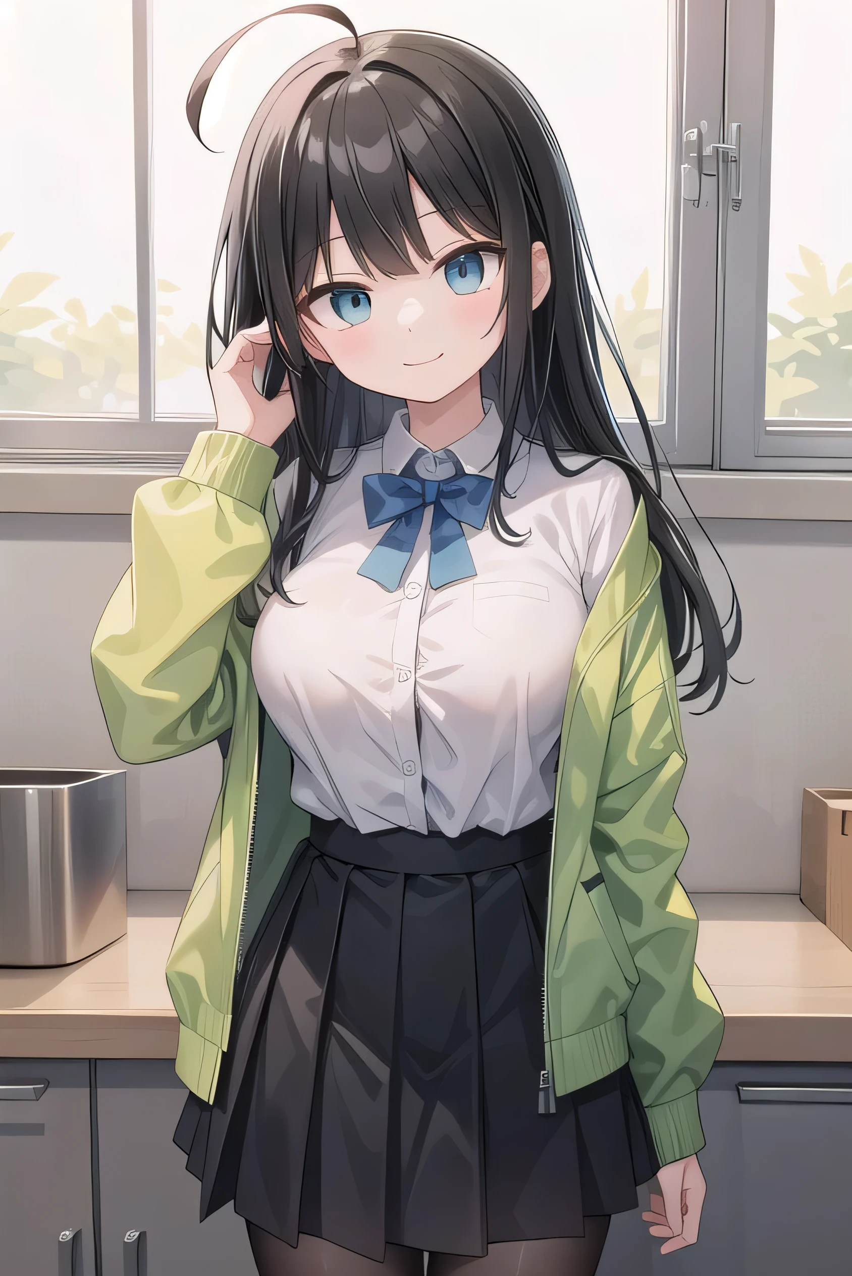 Junior high school student who looks like an elementary school student, 14 years old, very short, 140 cm tall, black hair with a slight green tinge, short ahoge, beautiful long hair but with a little hair sticking out, beautiful round eyes, blue eyes, smile, boyish, long sleeves, Thick clothes, skirt, big breasts, hair longer than waist, long hair, childish face, gentle smile, a little shy, black skirt, black hair with a slight green tinge, boyish, gentle smile, jacket one size larger, ( Deep greenish black hair: 1.3)