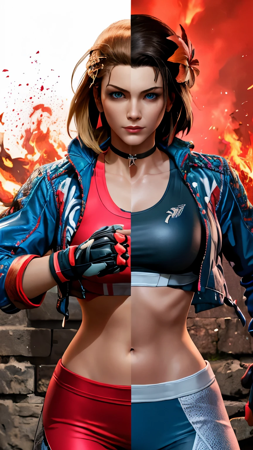 (Highly detailed, masterpiece, highly resolutions, highly quality,) fire background, ice background, 2girl, Line between the middle, Split Colored jacket, split colored skin tone, split colored hair, {{{SplitScreen, split screen, BREAK azucena from tekken, brown hair, hair ornament, gloves, navel, jewelry, black jacket, flower, red midriff, red pants, hair flower, fingerless gloves, necklace, open jacket, crop top, dark skin, dark-skinned female, red midriff, red Sport bra}}},
((SplitScreen, split screen, BREAK cammy white, short hair, antenna hair, blue eyes, scar on cheek, large breasts, black choker, collarbone, blue jacket, cropped jacket, open jacket, blue sports bra, black midriff, fingerless gloves, black gloves, black pants, Blonde hair, Long hair, peach skin, peach-skinned female))