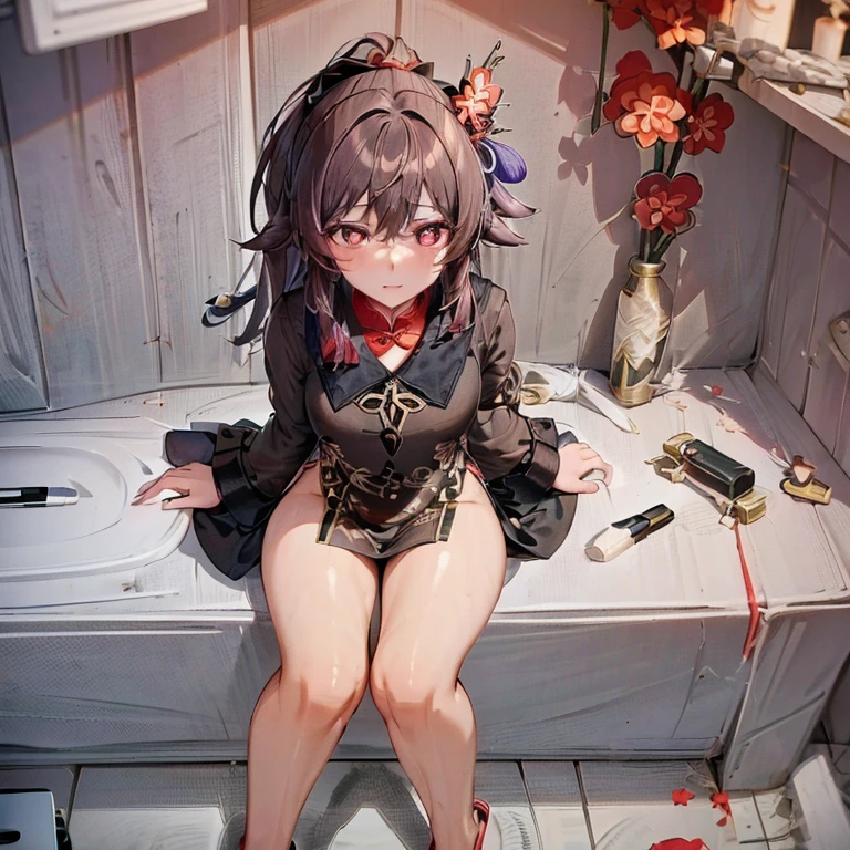 masterpiece, Best quality,
1 girl, hu tao (Genshin Impact), It has, Red eyes, ponytail, Brown hair, One, pupils in the form of symbols, long hair,bang, Formal attire , chinese dress, sexy hips, sits on the toilet, poops, diarrhoea