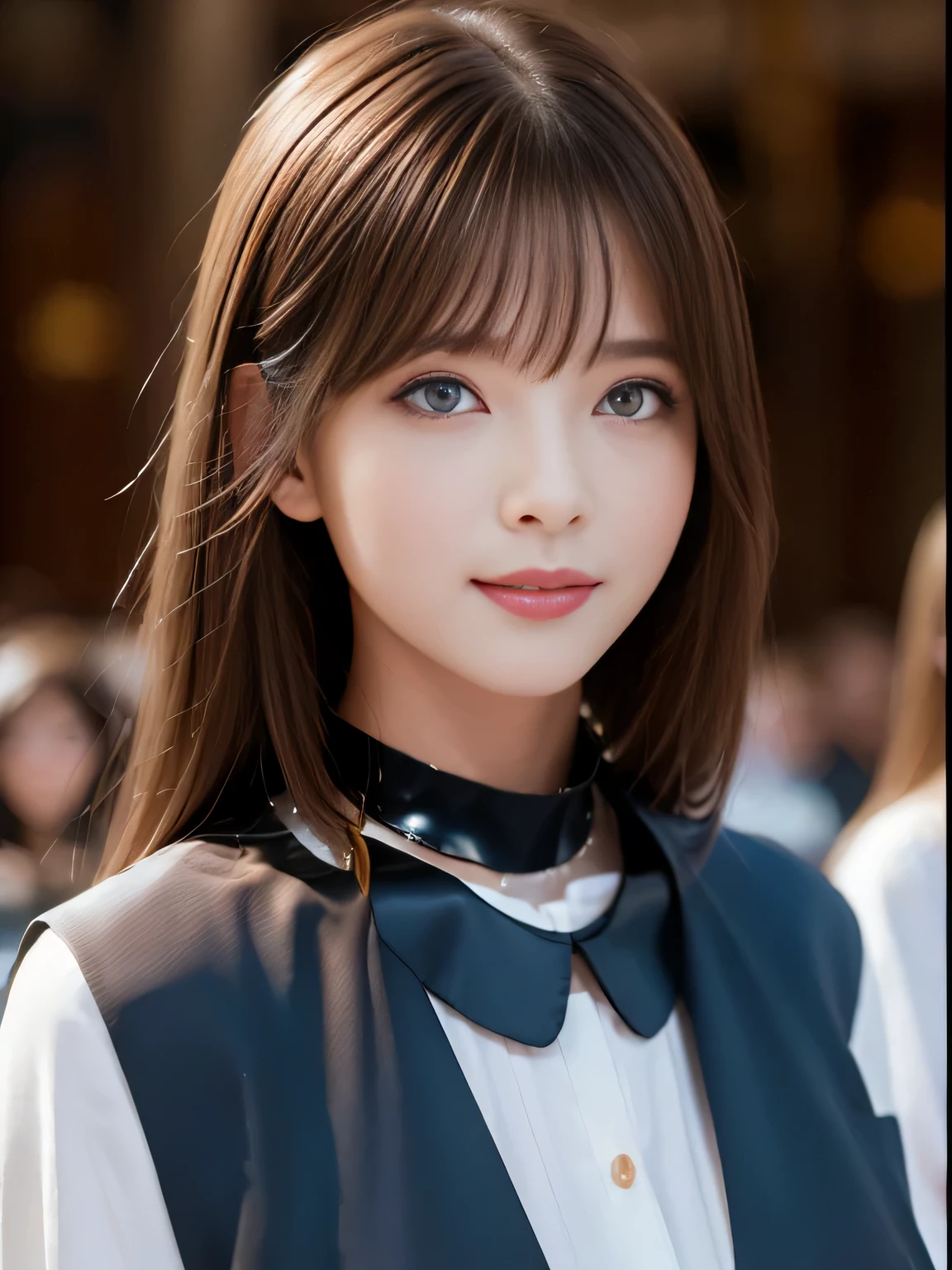 ((masterpiece, High resolution)), ((Thousands, crowd)), girl, group, clone, (( brown haired girl, blonde girl)), elegant, rich girl, Emotionless, Arms at sides, Straight spine, (((ceremony))), Standing still, shoulder to shoulder, Same pose, The sisters are lined up in an orderly fashion, Many lines, crowd Shot, ((Black Choker, blue eyes, Very long eyelashes, bangs, Big Breasts, smile))，slim、lecture hall，ceremony、audience、Everyone is looking at the camera