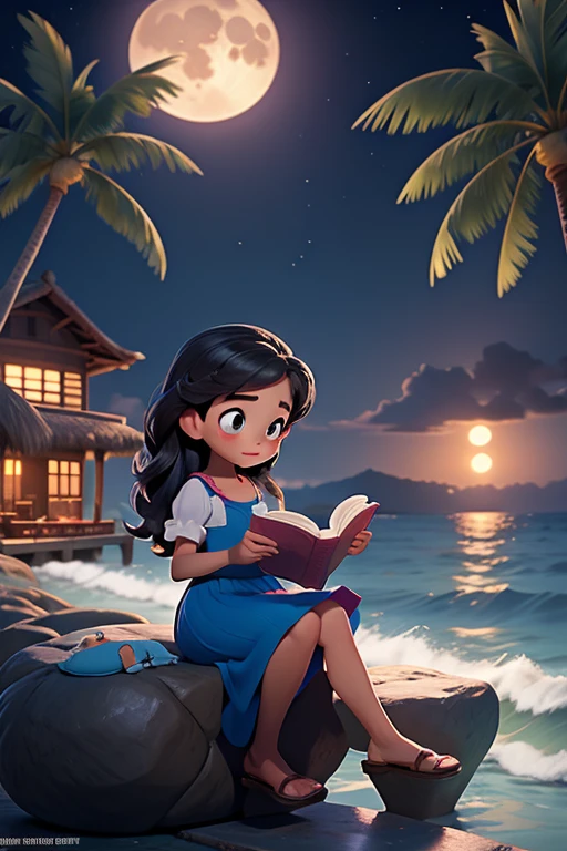 masterpiece, Best quality, 1 girl, Reading a book on a stone pier by the sea，night，Big full moon in the background，There are some cute rabbits around，coconut tree，Pixar style，Disney style，