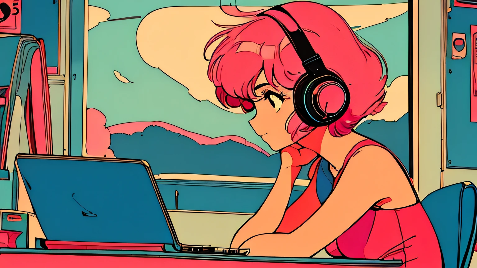 city pop style art, shoulder length pink Hair, fluffy bob cut, wearing headphones, Futuristic yet lofi, retro, vintage, Ghost,master piece, (( side shot)),
sitting at the desk and concentrating on studying, Laptop and coffee on the desk