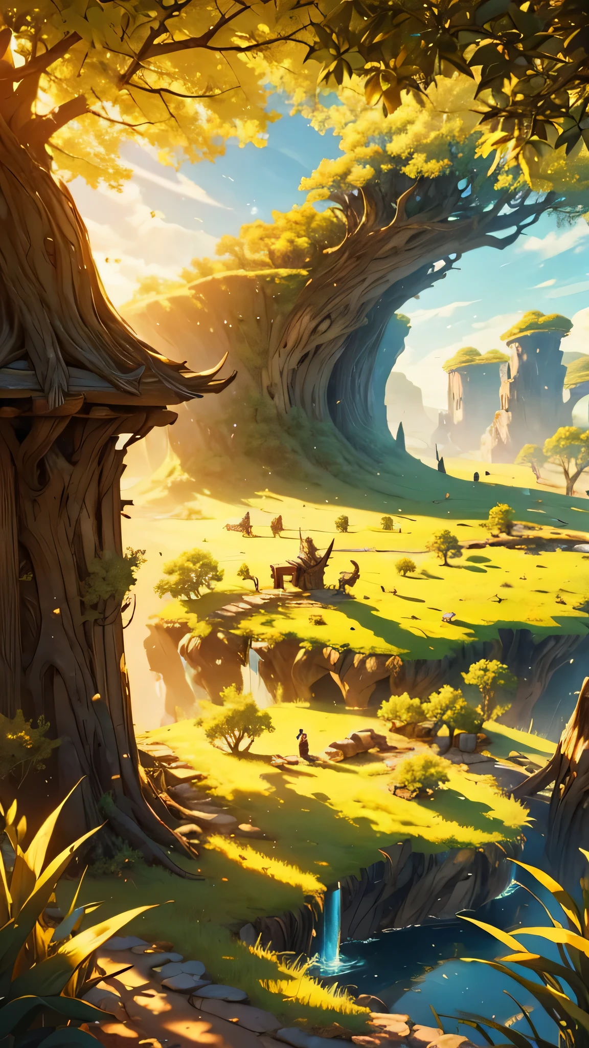 A vast, epic fantasy plateau on a wide savanna plain, . The scene is bathed in warm, golden sunlight, casting long shadows across the grassy landscape.
