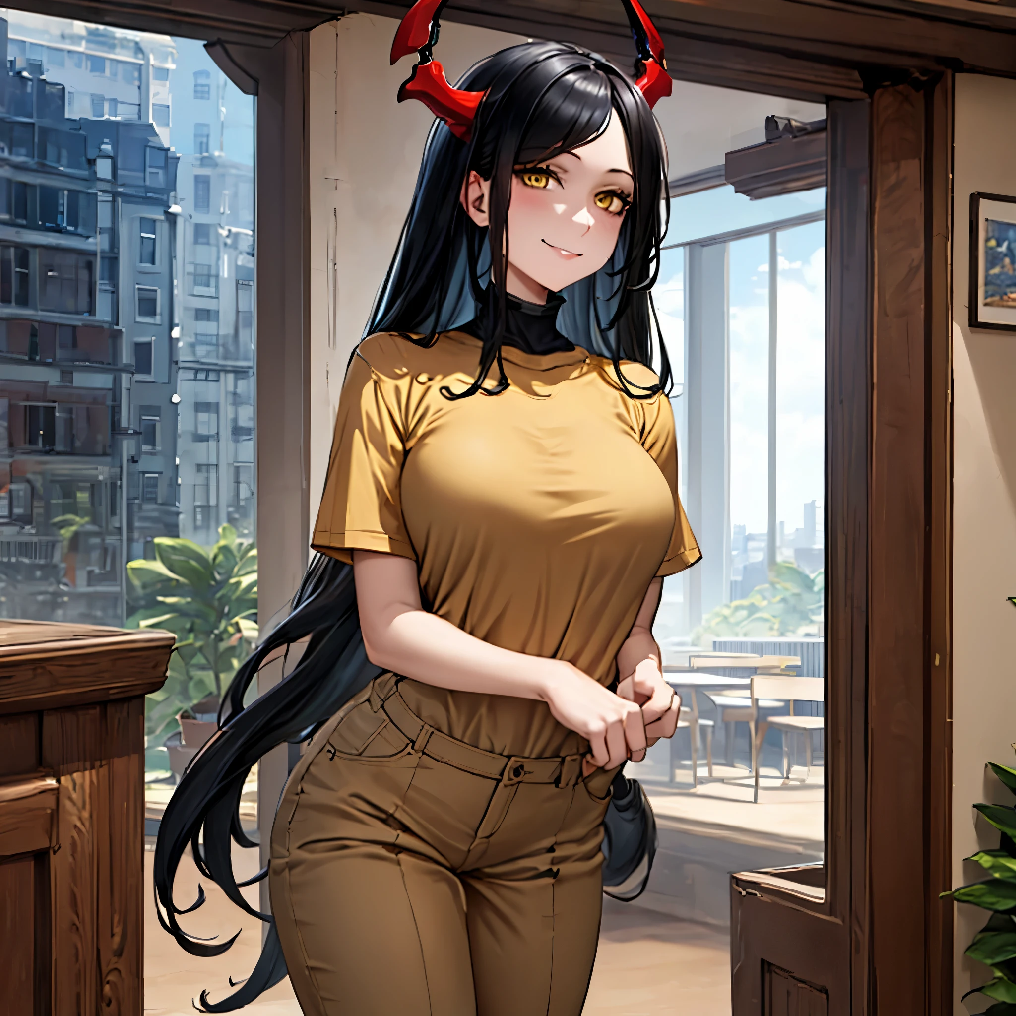 a woman wearing black madame pants, wearing a beige madame t-shirt, long black hair, yellow eyes, red horns, smiling, inside a large building, overlooking others, a large, well-detailed building,,HDR, masterpiece, well defined, ultra resolution, high quality, 8k HD. (just a woman, solo)
