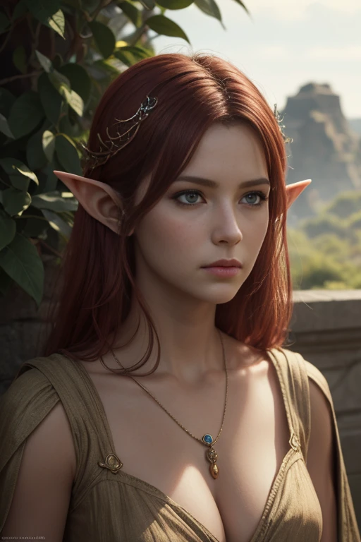 Ancient, noble elf, Viola, Scarlet hair, rings, female creature, prehistoric era, heiress, Extremely realistic shading, masterpiece, extremely detailed, photorealistic, perfect lighting,