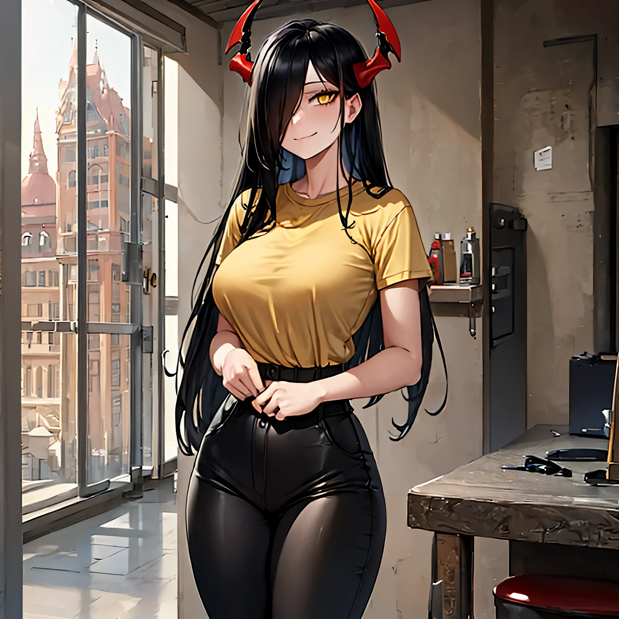 a woman wearing black madame pants, wearing a beige madame t-shirt, long black hair, yellow eyes, red horns, smiling, inside a large building, overlooking others, a large, well-detailed building,,HDR, masterpiece, well defined, ultra resolution, high quality, 8k HD. (just a woman, solo)
