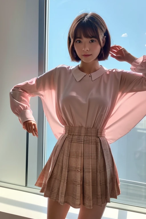 pastel tones, flat tones, grinning face, 1girl, solo, ars old, detailed beautiful face and eyes, brown eyes, medium breasts, barefoot, (very short hair:1.2), (bangs:1.2), (brown pink hair:1.2), hair fluttering, (beautiful hair:1.2), (white long-sleeved blouse:1.1), (navy check pleated skirt:1.1), (red neck ribbon:1.2), side braid, (sun light: 1.2), (rays:1.2) (light and shadow contrast: 1.2), (standing, spread legs, hands on hips:1.5), (from below:1.5), window, (full body:1.3), (masterpiece:1.2) , (best quality:1.2) , (ultra-detailed:1.2),