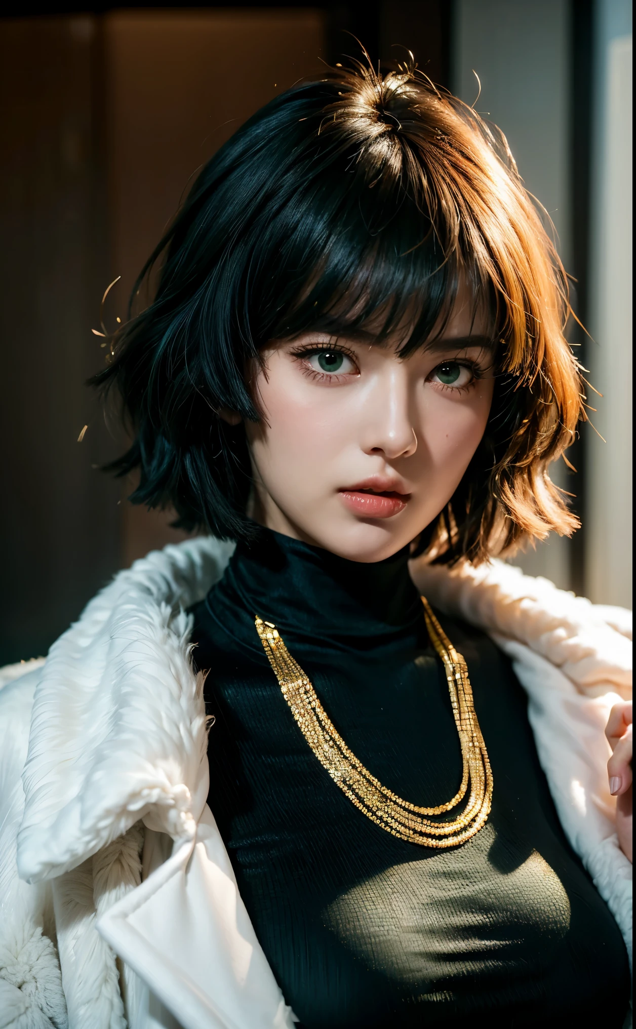 fubuki,,fubuki (One Punch Man),female one person、one person、one persongirl、beautiful face、1 girl、big breasts、elegant adult woman、beautiful woman、big breasts、dark green turtleneck、dark green knit sweater、long sleeve、gold necklace、white fur coat、less exposed、No exposure ,beground default ,feri nice perffeck quality detail ,Realistic eyes ,face girl ,Realistic girl and anime 