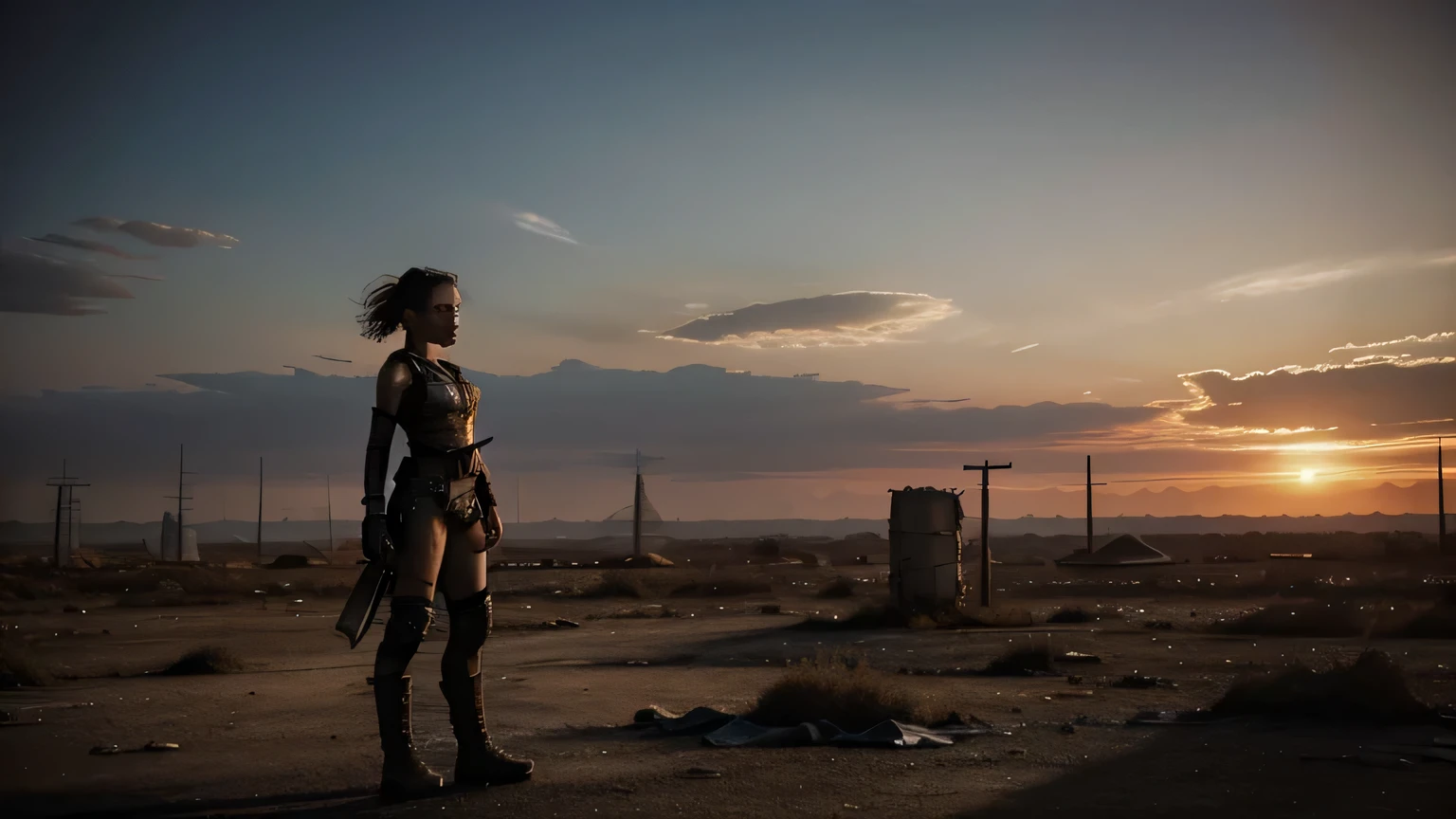 Amidst the desolate expanse of a post-apocalyptic wasteland, a lone figure stands, her silhouette etched against the bleak sunset. Her once radiant skin now bears the scars of time and hardship, marked with grime and the remnants of a sun-bleachedworld. Her long, wild hair frames her determined face, her piercing blue eyes piercing through the smoky haze.
Her outfit, a tattered ensemble of rough fabric and worn leather, clings to her slender frame - an incongruous sight in the wasteland's desolation. The grit and grime of the world have etched fine lines