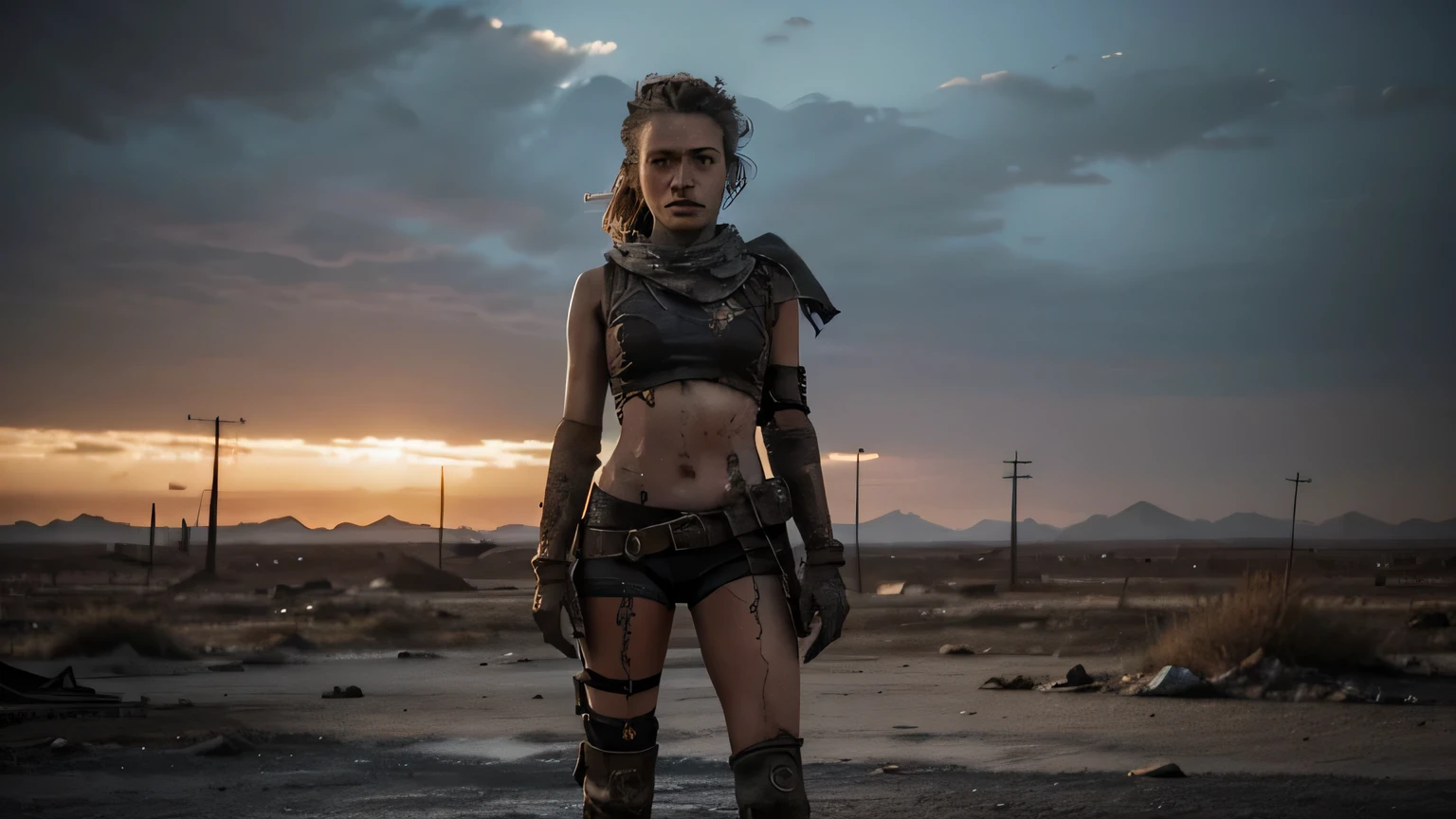 Amidst the desolate expanse of a post-apocalyptic wasteland, a lone figure stands, her silhouette etched against the bleak sunset. Her once radiant skin now bears the scars of time and hardship, marked with grime and the remnants of a sun-bleachedworld. Her long, wild hair frames her determined face, her piercing blue eyes piercing through the smoky haze.
Her outfit, a tattered ensemble of rough fabric and worn leather, clings to her slender frame - an incongruous sight in the wasteland's desolation. The grit and grime of the world have etched fine lines