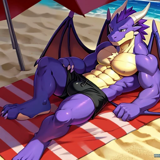 dragon, purple skin,, swim trunks, large bat wings, anime soft shading , toned, , Toriyama style, reclining on a beach towel