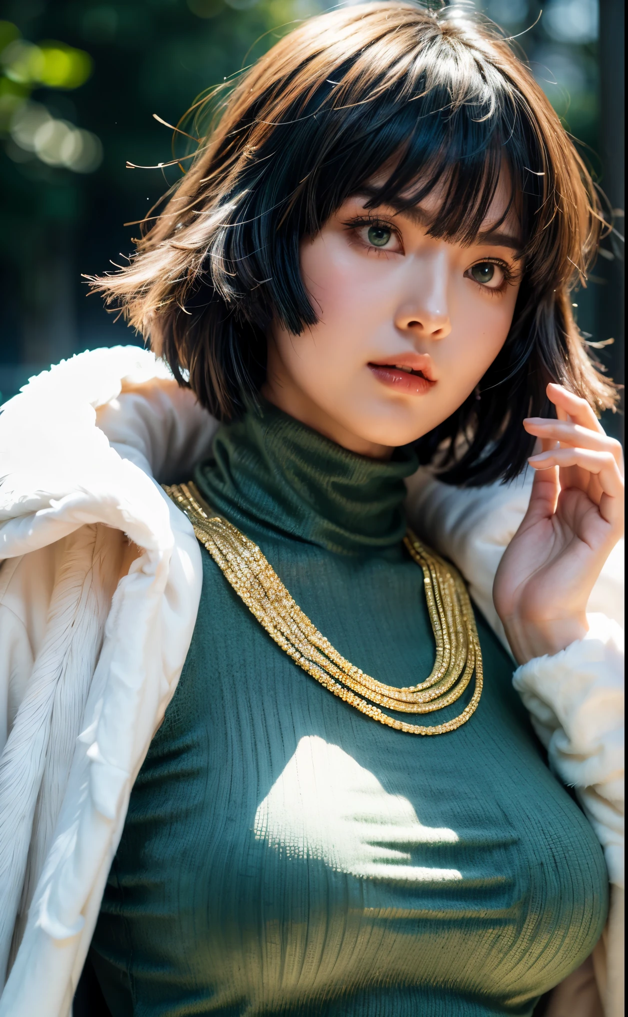 fubuki,,fubuki (One Punch Man),female one person、one person、one persongirl、beautiful face、1 girl、big breasts、elegant adult woman、beautiful woman、big breasts、dark green turtleneck、dark green knit sweater、long sleeve、gold necklace、white fur coat、less exposed、No exposure ,beground default ,feri nice perffeck quality detail ,Realistic eyes ,face girl ,Realistic girl and anime