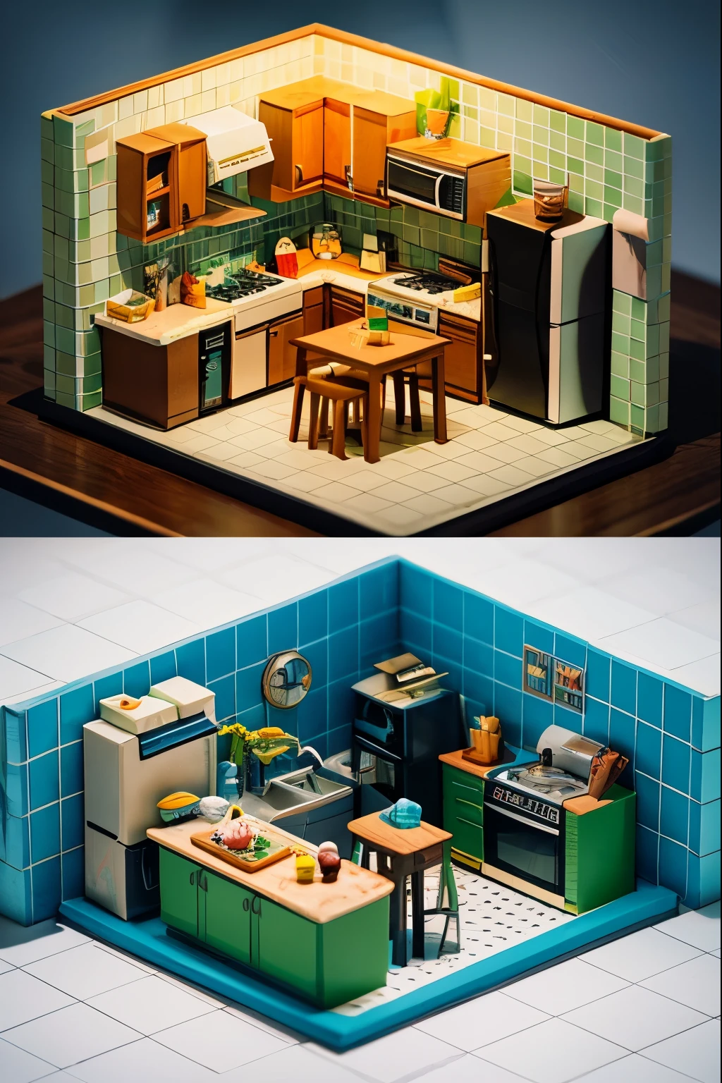 square,vignette, kitchen, 3d Cartoon, Stereoscopic Isometric View, diorama