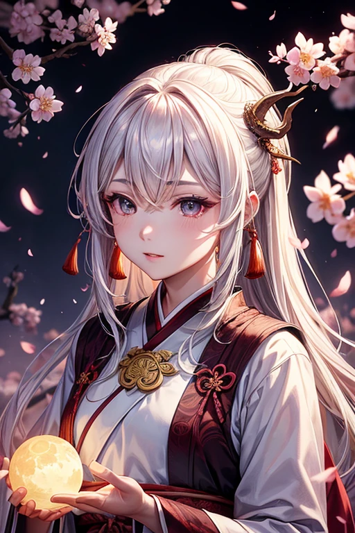 Dragon、young、full moon、Hanfu、silhouette、masterpiece、Rich lighting、Portraiture、Old Themes、dream-like、Finely drawn eyes and detailed face、cherry blossoms、Togenkyo