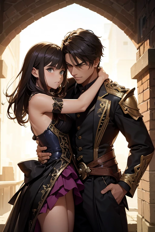 a man and a age girl are hugging angrily. they wear fantasy outfits.