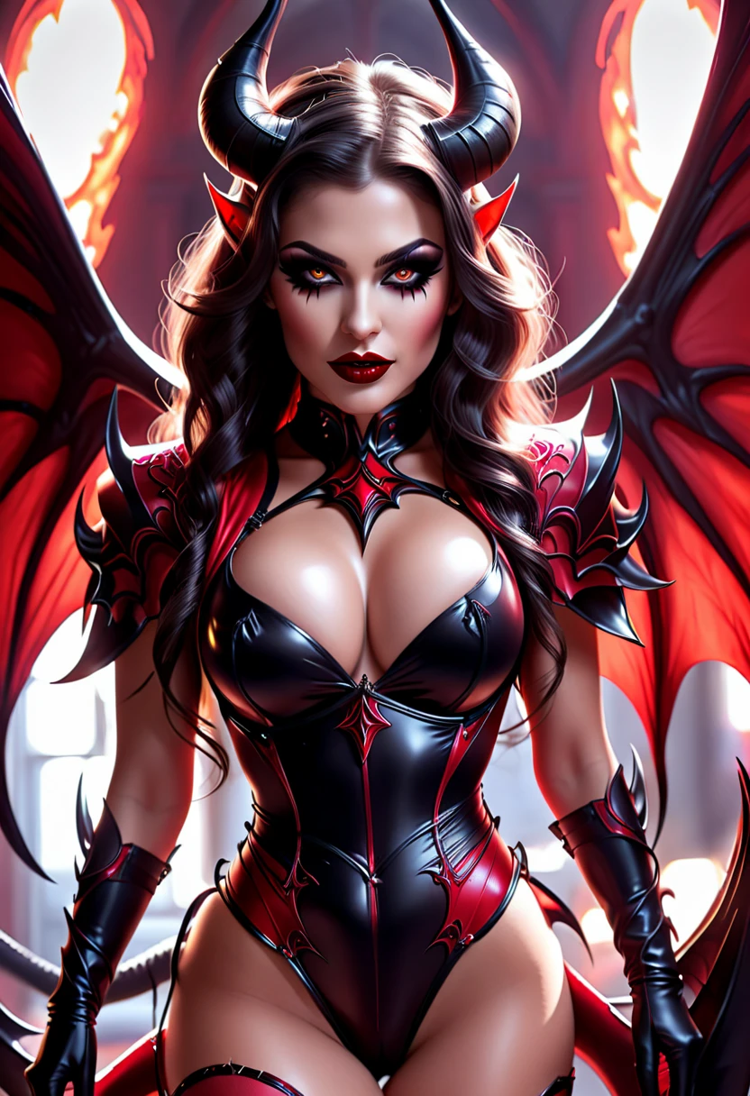 Realistic Beautiful evil demonic sexy demented devil women,beautiful seductive facial expression, gorgeous perfect face, perfect ruby skin, large curled devil horns, think curved jet dark eyebrows, long luscious eyelashes, thick dark eyeliner, jet dark eye shadow, thick jet dark lipstick, , thin detailed little nose, high cheek bones, small areolas, small perky dark nipples, large voluptuous curved breasts, sexy seductive waist, seductive hips, demonic devil lingerie, large detailed demon wings, hyper realistic detailed neon ruby eyes