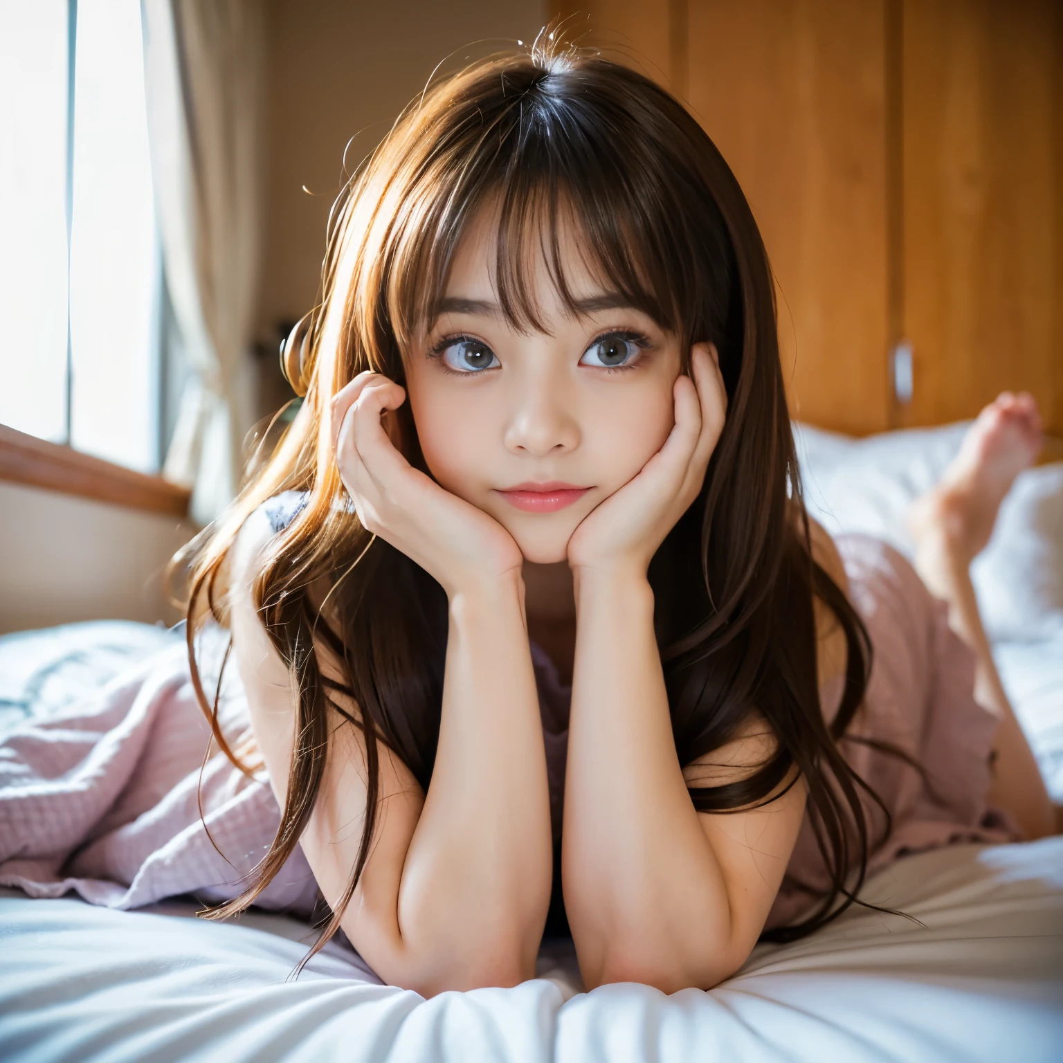 Best-quality, Masterpiece, Ultra-High-Resolution, (Photorealistic:1.4), Raw-Photo, depth of field, professional-lighting, in bedroom, 1girl, 11-years-old, the most famous Japanese idol, ((wearing only childish casual-dress with cute-design)), relaxing on bed, ((extremely cute face like the most popular Japanese idol, extremely childish face, ((extremely beautiful eyes, extremely big eyes)), extremely beautiful hair, extremely beautiful skins, extremely realistic skins)), extremely beautiful long-eyelashes, extremely beautiful lips, extremely childish body, innocent-smile, detailed bedroom