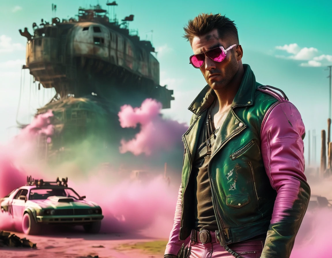 Post-apocalyptic wasteland:1.7, The backdrop of this masterpiece, Mad Max industrial style artifacts, epic, showing a destructive scene, showing a destructive apocalyptic scene, Best possible quality, Ultra resolution 8K, Stunning illustration, best of all, Awarded, like being the best, leather jacket, pink sunglasses: 1.3, light ripped and frayed jeans, ((pink, cyan, brown, green, white colors: 1.5) ), epic desert setting: 1.5, photorealistic: 1.4, skin texture: 1.4, super masterpiece, super detailed, hyper detailed, ((night, darkness: 1.6)), 32K