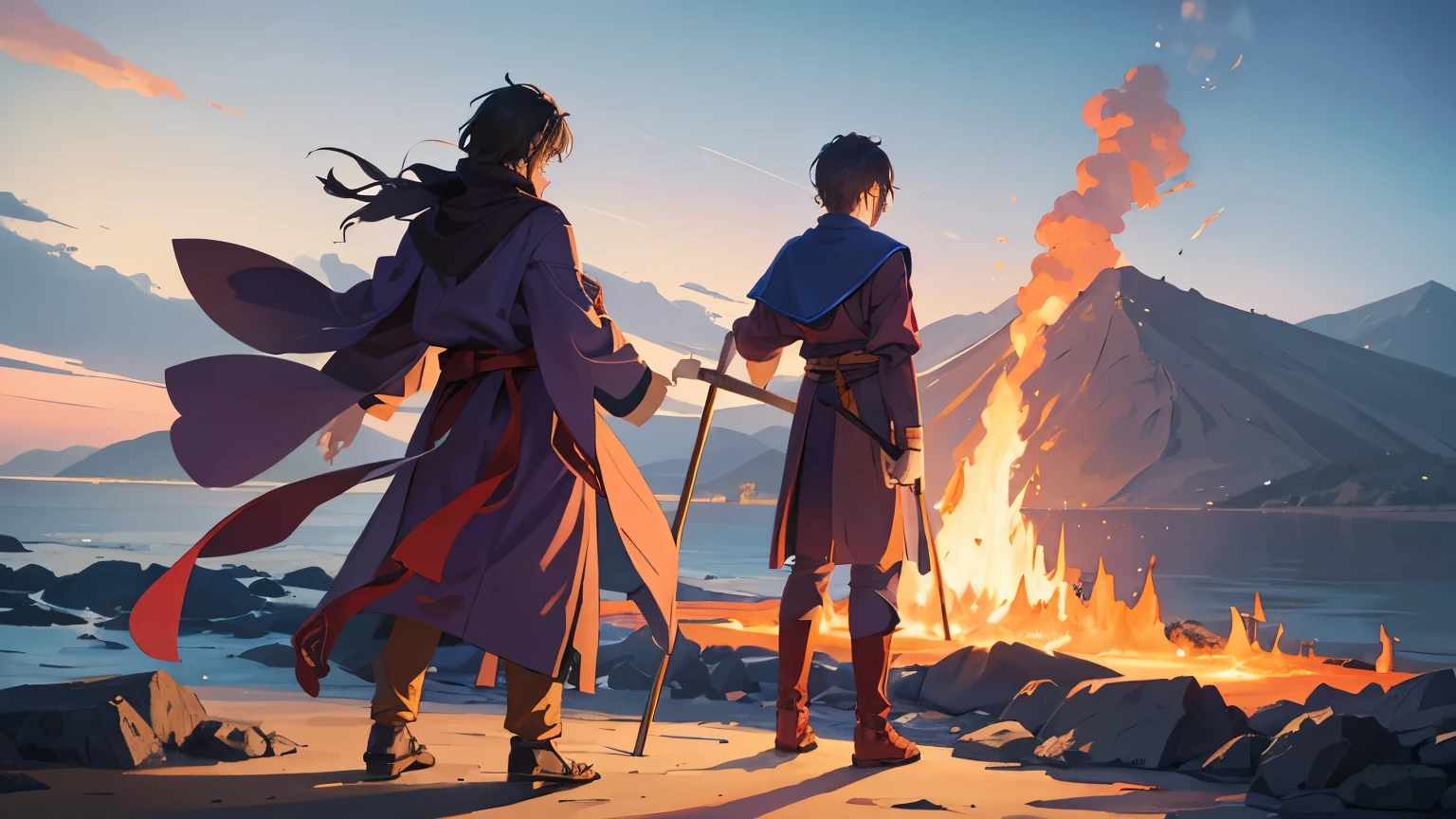 At the seaside volcano、A wizard in a brown and purple outfit with his back turned to me、Clutching the flame with his right hand、In his left hand he holds a long stick。He stands watching the volcano erupt.。