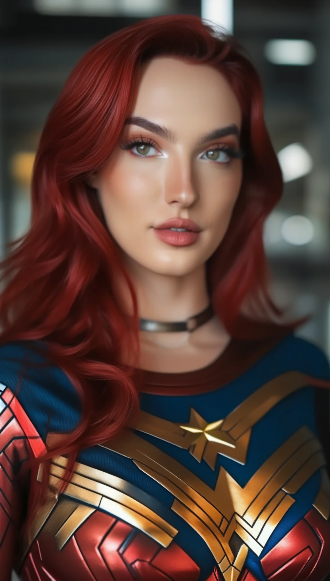 professional portrait photo of mssbrsl, looking at the camera,, with a thin leather choker around her neck and has (glossy lips), Nikon Z9, looking at the camera, realistic matte skin, (highly detailed), ((skin texture)), (sharp focus), high-res  (Wonder Woman outfit) 