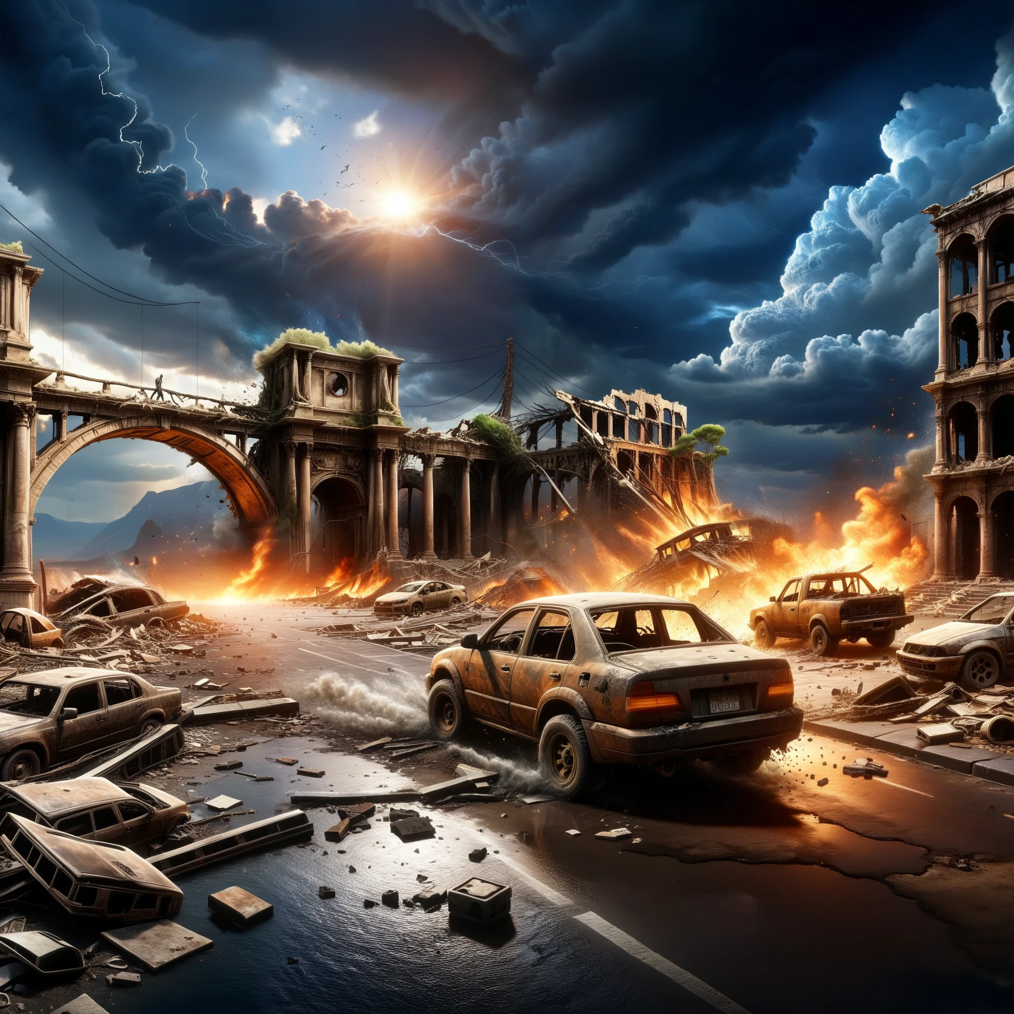 (best quality,4k,8k,highres,masterpiece:1.2),ultra-detailed,realistic:1.37,apocalyptic,ruined cities,devastation and destruction,giant tsunami,raging storms,dark skies,crumbling buildings,desolate landscapes,bleak atmosphere,collapsed bridges,abandoned vehicles,embers and smoke,ominous clouds,decay and decayed nature,lonely and deserted streets,post-apocalyptic survivors,struggling to survive,barren wastelands,fierce winds and tempests,burning ruins,desperate search for hope,flickering light in the darkness,ashes and ruins rising from the ground,ruined statues and monuments,ominous shadows in the distance,dying plants and wilted flowers=struggles against the cataclysm,hopelessness and despair,persistent human spirit,ashes and ruins rising from the ground=enduring the chaos,will to rebuild,rebirth amidst destruction,finding beauty in the aftermath,capturing the tragedy and beauty of dying worlds,overwhelming devastation and the fight for survival,spirit of resilience and determination.