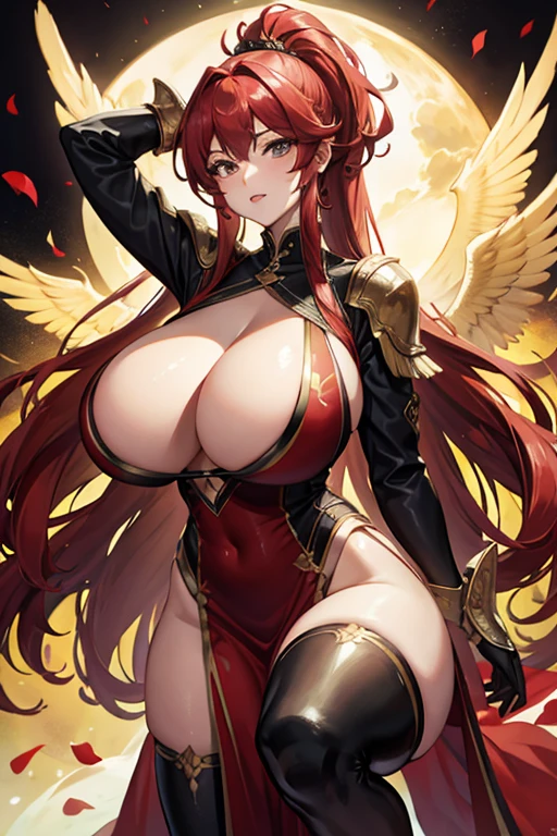 fiery curly red hair, full ponytail, Huge breasts, skinny waist, slender symmetrical face, upper body, fully clothed, young, beautiful, big golden eyes, heeled boots, choker, eyeliner, red lipstick, Golden transparent wings, Golden armor, dress, boots, Halo behind head, 