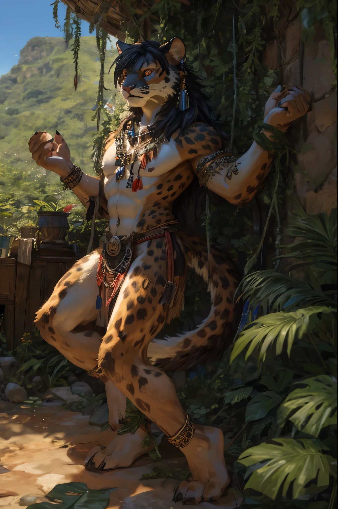 (((Barefoot furry character, full body, cinematic setting, furry male, plantigrade)))
stealthy and agile panther anthro with sleek black fur and piercing amber eyes. Clad in tribal-inspired attire with dart motifs symbolizing curare's traditional use in blow darts. The figure stands barefoot in a dense rainforest setting, surrounded by vines and exotic plants like Strychnos toxifera, used in curare preparation by indigenous tribes.
BREAK, detailed background, 8K, (masterpiece:1.5), intricate details, highly detailed, extreme detail, octane render, fine art, best quality, highres, (detailed face:1.5), ((full_body)), UHD, (((perfect hands))), low light