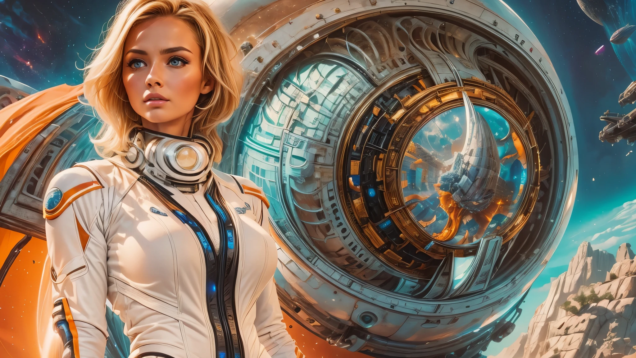 arafed image of a white woman in a futuristic suit with a spaceship in the background, movie art, in front of an orange background, inspired by Robert McGinnis, female protagonist, megastructure in the background, portrait of an ai astronaut, astronauts, an astronaut, portrait of a astronaut skeletor, perfect android girl, detailed eyes, perfectly detailed teeth, frank franzzeta and sakimichan  