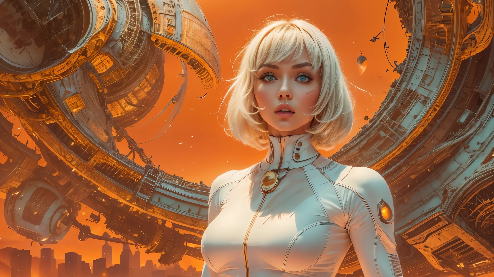 arafed image of a white woman in a futuristic suit with a spaceship in the background, movie art, in front of an orange background, inspired by Robert McGinnis, female protagonist, megastructure in the background, portrait of an ai astronaut, astronauts, an astronaut, portrait of a astronaut skeletor, perfect android girl, detailed eyes, perfectly detailed teeth, frank franzzeta and sakimichan  