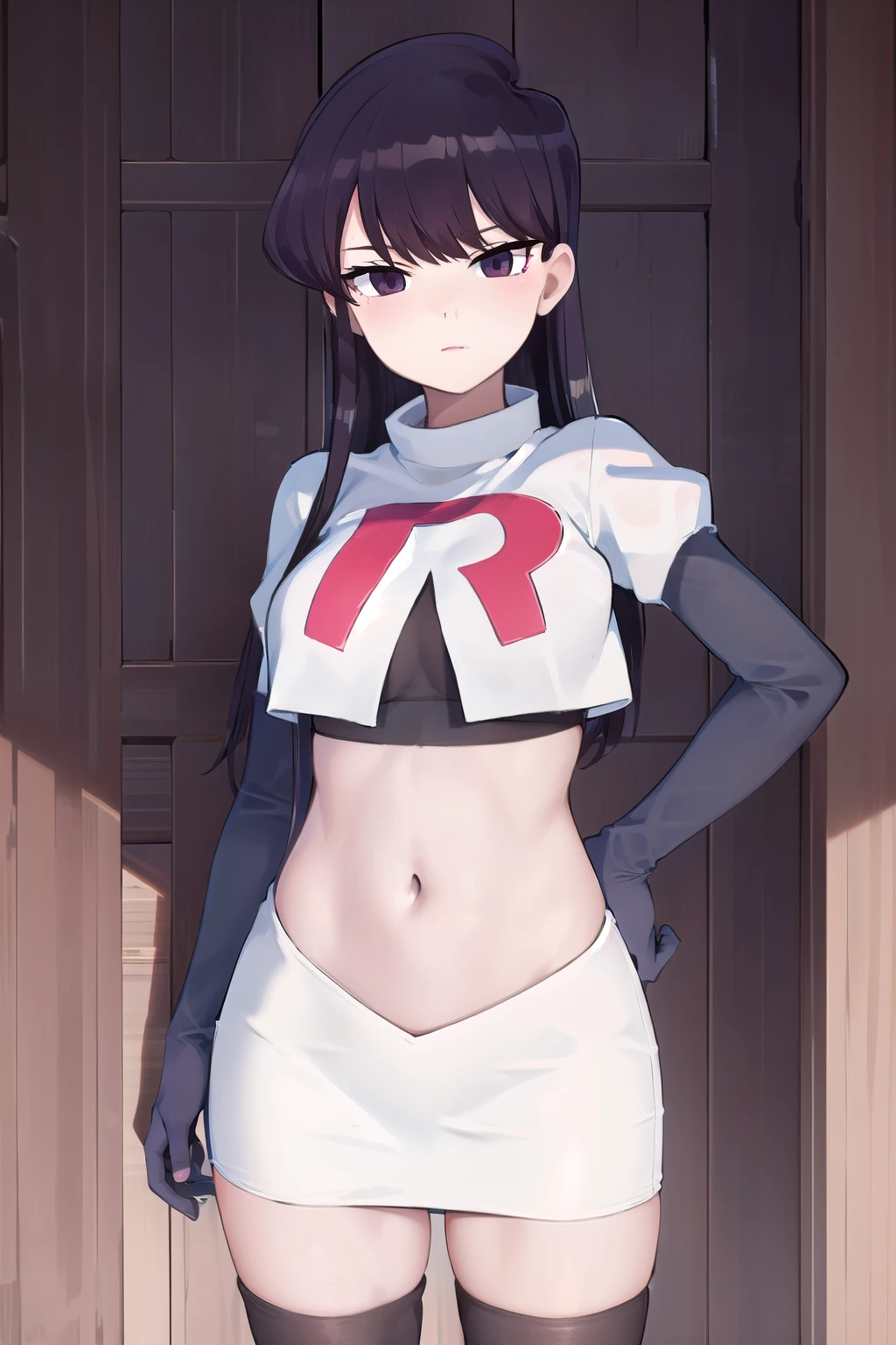 masterpiece, best quality, 1girl, solo, komi-san wa komyushou desu, looking at viewer, team rocket,team rocket uniform,white skirt,red letter R,crop top,black thigh-highs, cowboy shot 