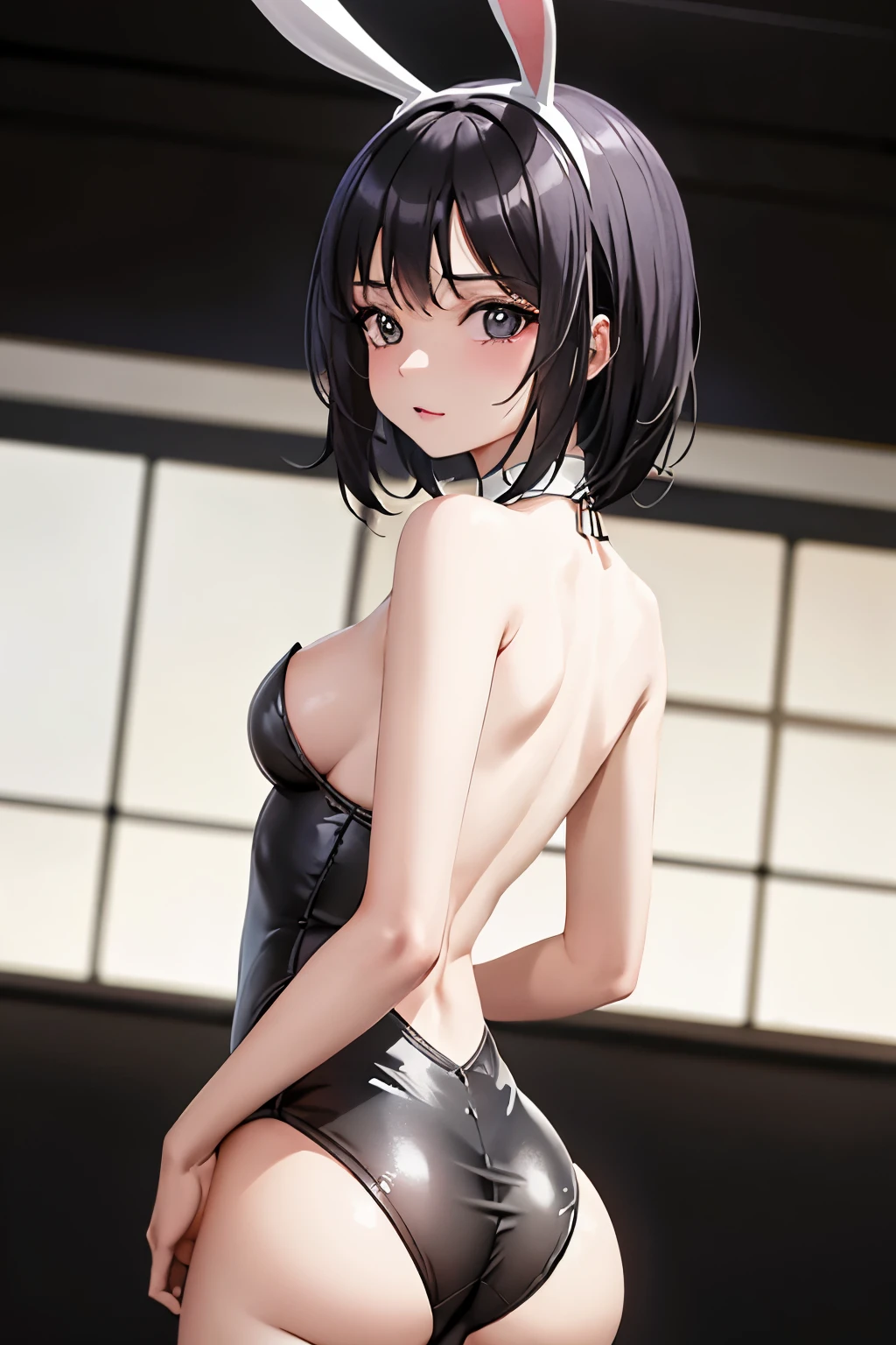 Obra maestra, mejor calidad, ultra detallado, 1 chica, animal_orejas, CULO, Backless_leotard, doblado_encima, negro_leotard, negro_muslos, senos, cerrado_boca, Dutch_angle, falso_animal_orejas, de_behind, gris_Background, cabello_Bien, halo, heart, leotard, luz_rubor, Largo_cabello, mirando_en_espectador, mirando_Back, bajo_alas, medio_senos, rosa_cabello, rosa_halo, playboy_Bienny, conejo_orejas, simple_Background, soltero_side_Bien, sonrisa, solo, Sin tirantes, Sin tirantes_leotard, muslos, muy_Largo_cabello, blanco_alas, alas, yelbajo_eyes, big ass, t back, thong, black hair, bunny ears, traje blanco