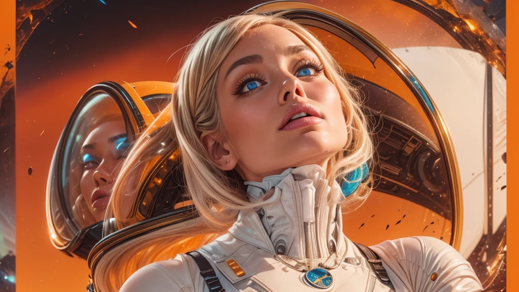 arafed image of a white woman in a futuristic suit with a spaceship in the background, movie art, in front of an orange background, inspired by Robert McGinnis, female protagonist, megastructure in the background, portrait of an ai astronaut, astronauts, an astronaut, portrait of a astronaut skeletor, perfect android girl, detailed eyes, perfectly detailed teeth, frank franzzeta and sakimichan  