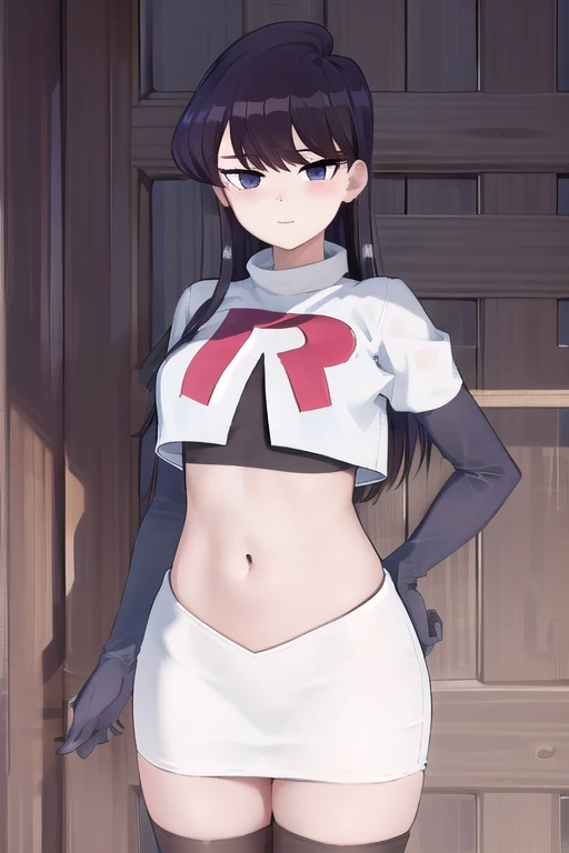 masterpiece, best quality, 1girl, solo, komi-san wa komyushou desu, looking at viewer, team rocket,team rocket uniform,white skirt,red letter R,crop top,black thigh-highs, cowboy shot