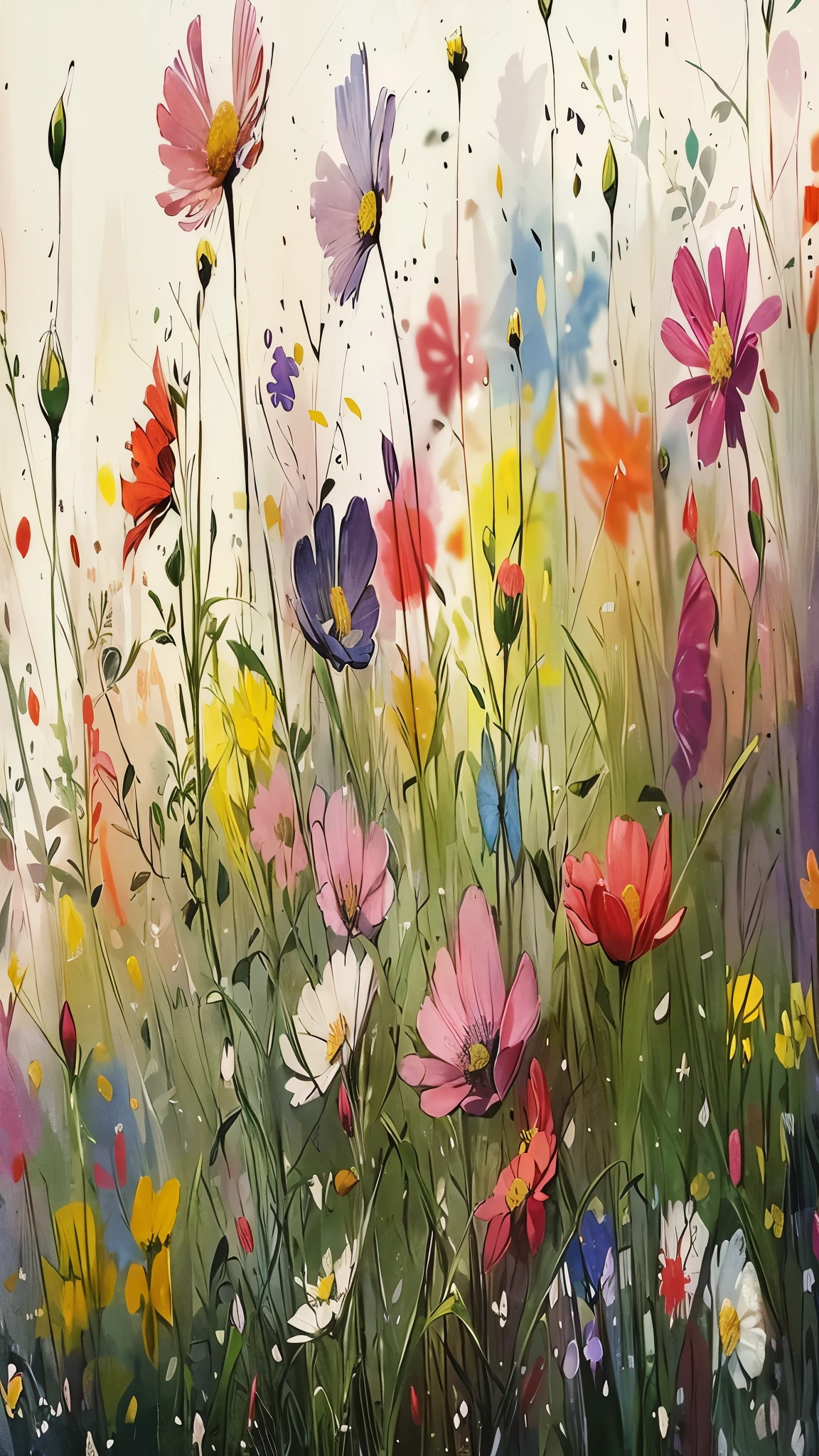 painting of a field of flowers with a sky background, floral splash painting, meadow flowers, magical colorful flowers, watercolor painting style, by Arthur Pan, gorgeous painting, beautiful painting, stunning painting, summer meadow, colorful wildflowers, field of fantasy flowers, beautiful art, colourful flowers, flower meadow, by Yang J, realistic flowers oil painting, by David Park, colorful watercolor painting