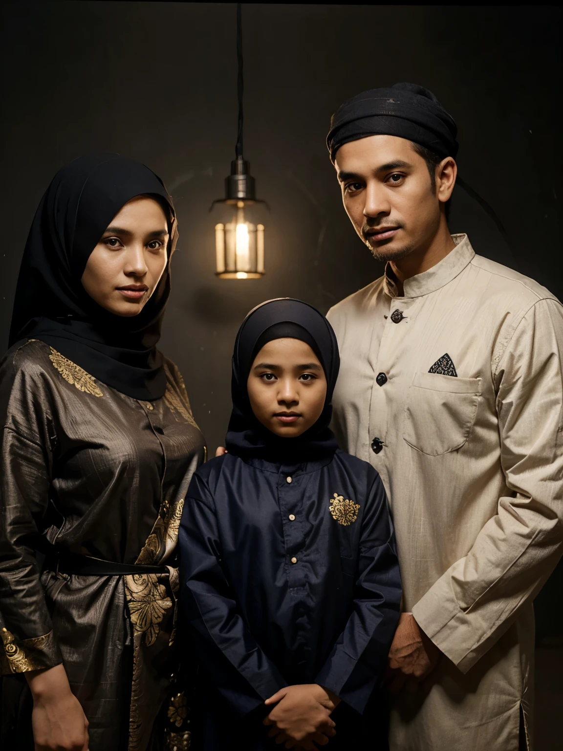 Studio photo 3 of asia family, father, mother and boy wearing Muslim clothes with the same batik motif. The father is 37 years old with neat thin hair, the mother is 35 years old, her body is a little full, wears a hijab that matches her clothes. And a 17 year old teenager with middle parted hair in the middle of his parents. Dark background.