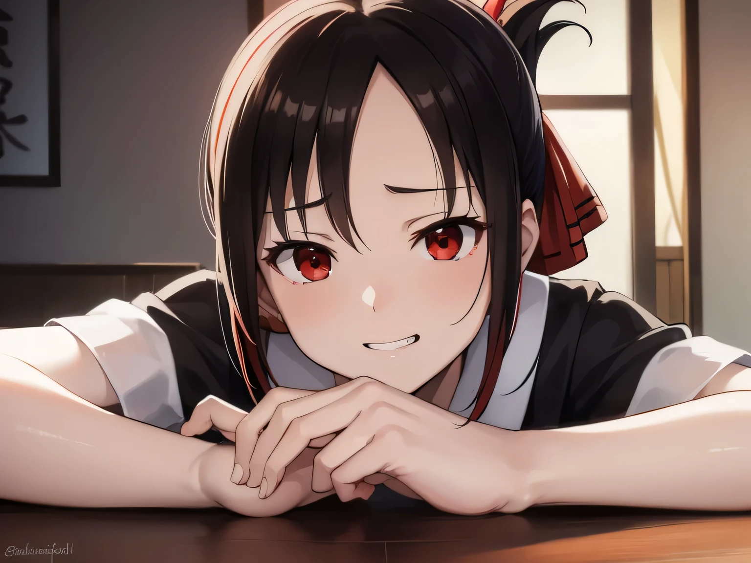 kaguyashinomiya, kaguya shinomiya, Folded ponytail, amount, hair ribbon, (Red eyes:1.5), red ribbon, ribbon, short hair, Side Lock,
break black dress, dress, pinafore dress, , shirt, Short sleeve, Shuchiin Academy , white shirt,
break looking at viewer,
break indoors, classroom,
break (masterpiece:1.2), highest quality, High resolution, unity 8k wallpaper, (figure:0.8), (Beautiful fine details:1.6), Highly detailed face, Perfect lighting, Highly detailed CG, (Perfect hands, Perfect Anatomy), Grin,Low Angle,Look down,Face Shadow,Kaguya-sama: Love is War,Kaguya Shinomiya,Naughty,semen,Pussy,Dick,Sex,Pussy