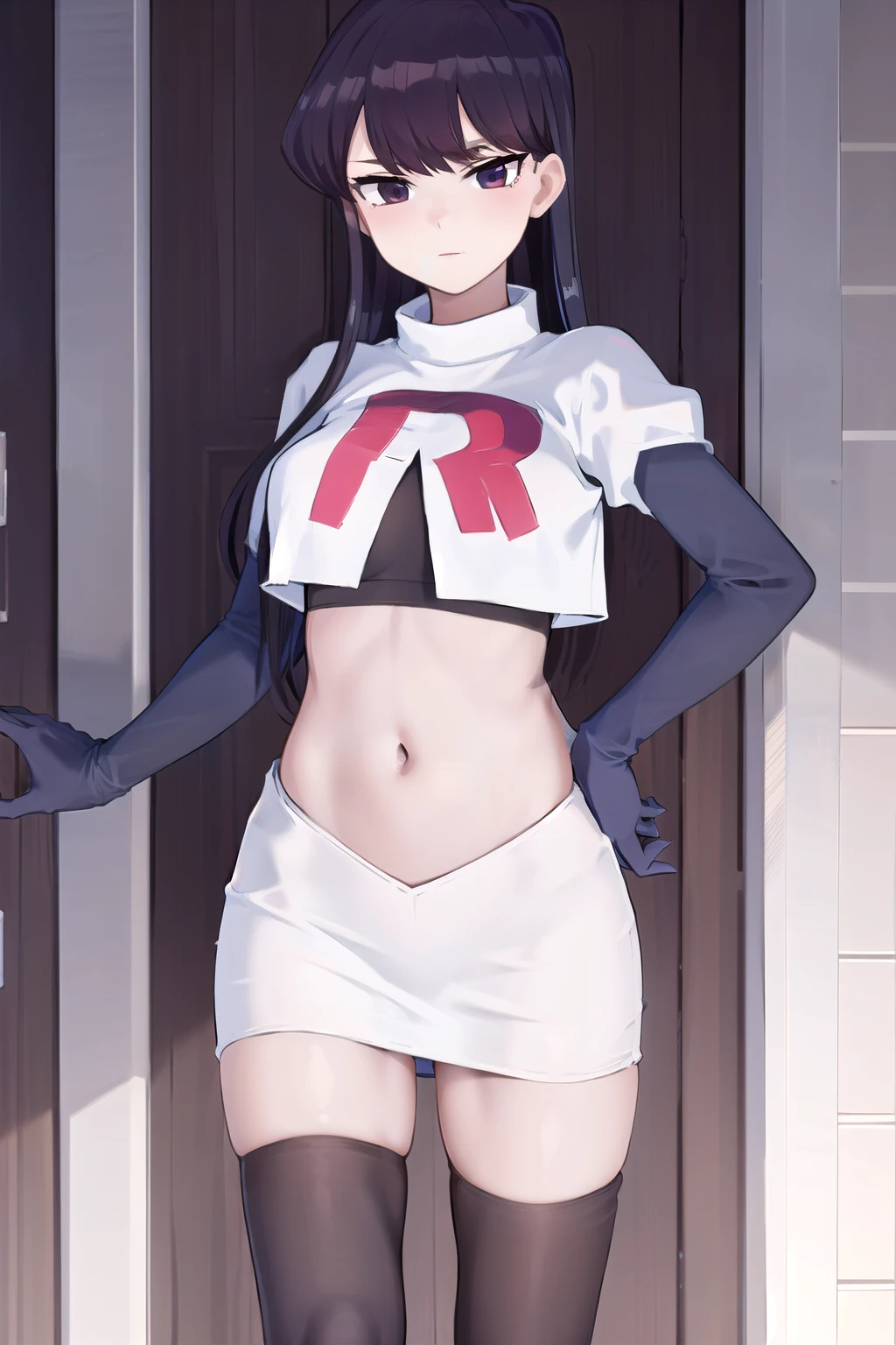 masterpiece, best quality, 1girl, solo, komi-san wa komyushou desu, looking at viewer, team rocket,team rocket uniform,white skirt,red letter R,crop top,black thigh-highs, cowboy shot