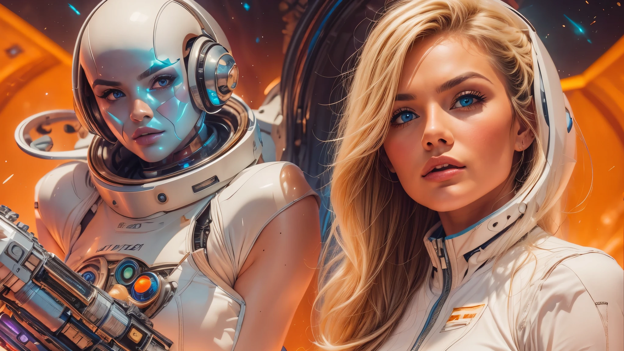 arafed image of a white woman in a futuristic suit with a spaceship in the background, movie art, in front of an orange background, inspired by Robert McGinnis, female protagonist, megastructure in the background, portrait of an ai astronaut, astronauts, an astronaut, portrait of a astronaut skeletor, perfect android girl, detailed eyes, perfectly detailed teeth, frank franzzeta and sakimichan